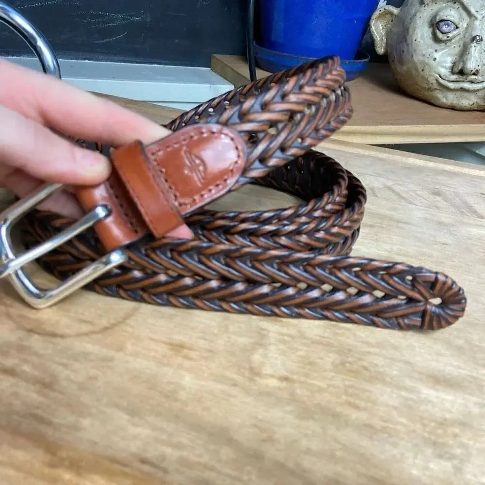 Dockers Men's Brown Braided Leather & Faux Leather Belt Silver Metal Buckle - XL